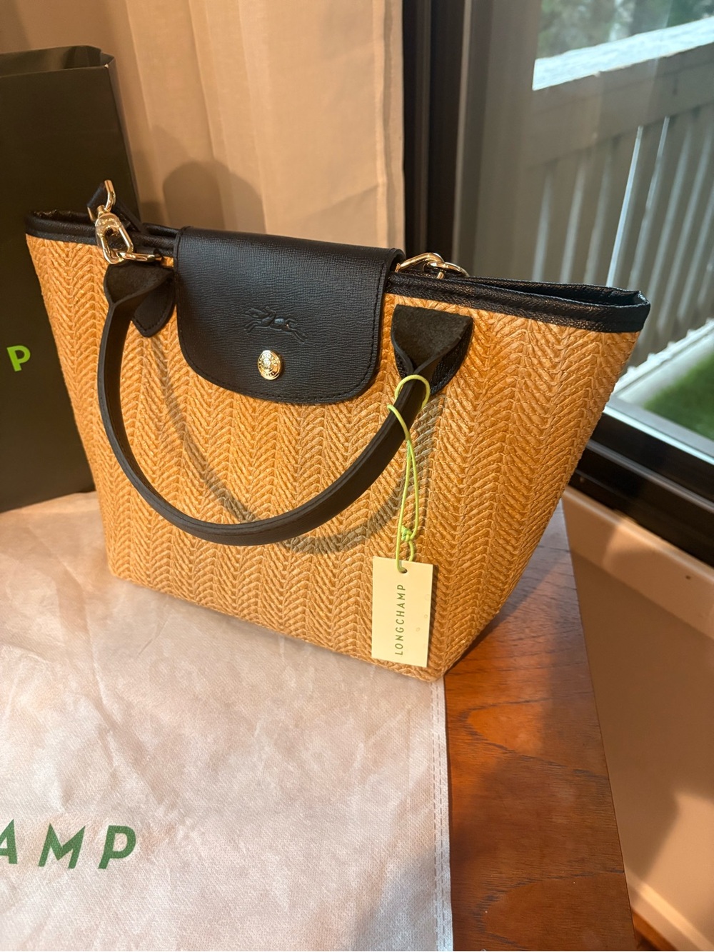 NWT Longchamp small Raffia Tote with Black Leather Trim